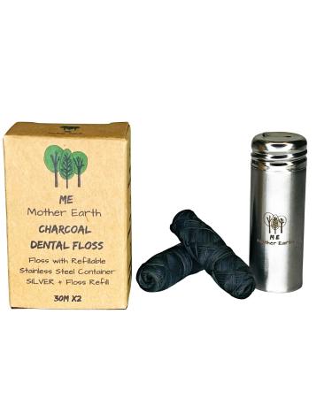 Vegan Biodegradable Bamboo Charcoal Dental Floss with Refillable Stainless Steel Container | 33yds x2 | Extra Floss Refill | Natural Candelilla Wax | Peppermint | Eco Zero Waste Oral Care