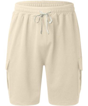 Men's Solid Color Drawstring Pocket Shorts - Elastic Waist Workout Shorts in Khaki, Size Large - Buy Online on GoSupps.com