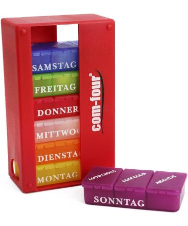 Com-Four 7-Day Drug Doser Box - Weekly Pill Organizer with 3 Compartments - Red Medication Storage for Morning Lunch and Evening Doses - International Shipping Available - Buy Online on GoSupps.com