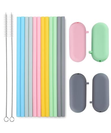 Sunseeke Reusable Straws Silicone Straws Set - Odorless, 12 Standard Drinking Straws, 4 Carry Pouch, 2 Cleaning Brushes, Certificated Food Grade Platinum Silicone - 8 1/2" Long
