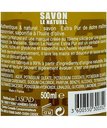 Le Naturel Extra Pure Marseille Olive Oil Soap 500 ml - Buy Online on GoSupps.com