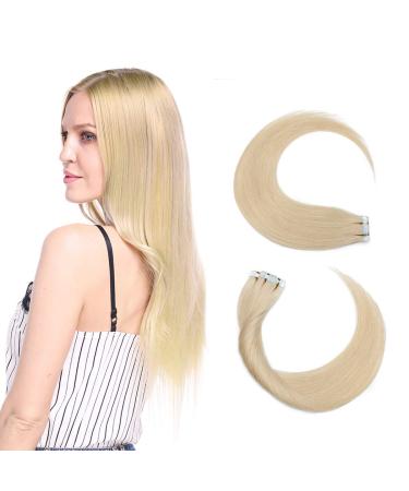Elailite Tape Hair Extensions Real Hair Adhesive Hairpiece Extensions Straight Remy 20 Pieces 24" 60cm 30g Human Hair #60 Platinum Blonde