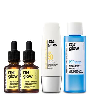 GANGNAM glow Day Shield Perfect Sunscreen SPF 50 & Vitamin C Serum 1.01 fl oz (Pack of 2) & Multi-Peptide Skin Boosting Toner - Tinted Moisturizer I Korean Skin Care