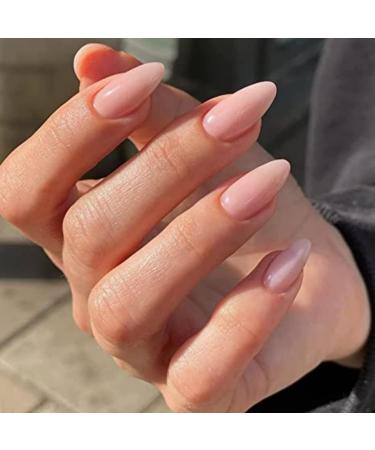 JUSTOTRY 24 Pcs Short False Nails Almond Gradient Nude French Press on Nails Pattern Peach Fake Nails Short with Nail Glue Stiletto Stick on Nails for Women Nails Fake Nail Medium for Nails Art opaque peach