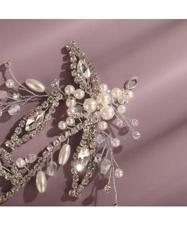 Kercisbeauty Silver Rhinestones Leaves Pearl Headband for Wedding Brides Women Girls Special Occasion Handmade Boho Hair Vine - Buy Online on GoSupps.com