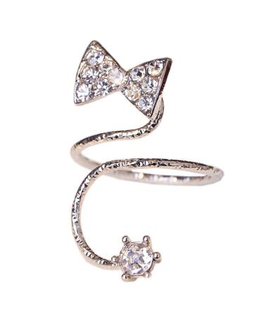 Rhinestone Bowknot Fingernail Ring Bend Nails Cap Cover Finger Joint Art Charm Silver