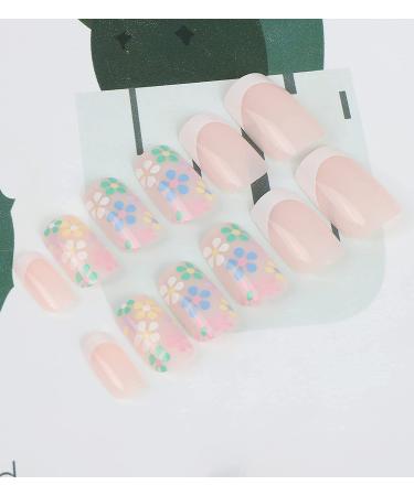 24 Pcs Pink Flower French Acrylic Press on Nails for Women | Short/Medium Glue on Fake Nails with Glue - Buy Online on GoSupps.com