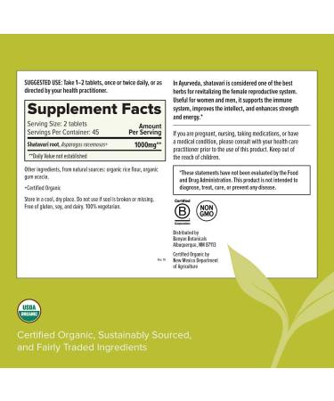 Organic Shatavari Root Extract Supplements - Calming & Cooling Formula for Rejuvenation and Vitality - 90 Tablets | Banyan Botanicals - Buy Online on GoSupps.com