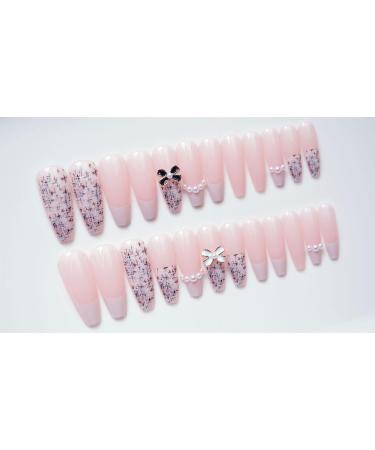 French Tip Press on Nails - Small Fragrant Style Pink Long Press On Nails with Nail Tips White and black with Butterfly bow Design Glossy white press on nails Acrylic False Nails Cute Artificial Nails - Buy Online on GoSupps.com