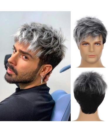 Sallcks Mens Grey Wig Short Layered Gray Mixed Black Natural Synthetic Halloween Cosplay Costume Wigs for Men