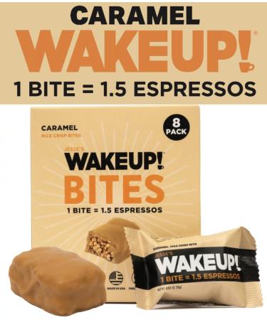 WAKE UP! Caffeinated Caramel Protein Bars - Gluten Free Vegetarian 350mg Caffeine (1 Bar 3 Espressos) - Boosts Focus and Clarity - Kosher Ingredients - 8 Pack Caramel 1 Bite 1.5 Espressos