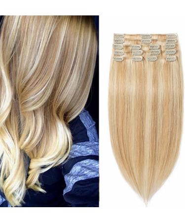 Clip in Extensions Real Hair Real Remy Real Hair Extensions Hair Extension 8PCs 18Clips smooth 100g-45cm (#18/613 Light Aschblond/Weißblond)