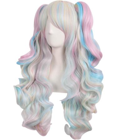 MapofBeauty Multi-color Lolita Long Curly Clip on Ponytails Cosplay Wig (Pink/Blue/Blonde) Pink/ Blue/ Blonde - Buy Online on GoSupps.com