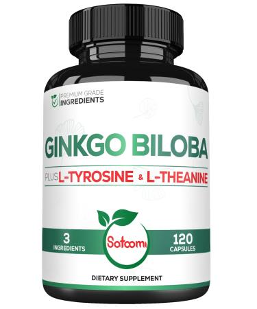 Satoomi 1000mg Ginkgo Biloba Supplements with L-Tyrosine, L-Theanine - 120 Capsules for 2-Month Supply - Support Focus, Mermory Function, Brain Health & Vision Quality 120 Count (Pack of 1)