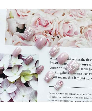 SINLOV Medium French Gradient Fake Nails Nude Christmas Snowflakes Square False Nails Glossy Press on Nails Ballerina Acrylic Full Cover Fake Nails for Women and Girls - Buy Online on GoSupps.com