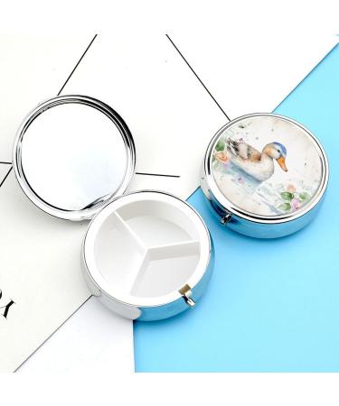 Round Watercolor Duck Print Pill Box - 3 Compartment Portable Medicine Organizer | Decorative Metal Pocket Pill Case - Buy Online on GoSupps.com