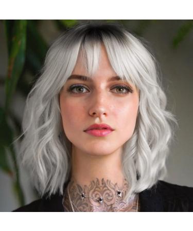 BESTUNG Short White Silver Wigs for Women Ombre Grey Wavy Bob Wig with Bangs Medium Length Synthetic Hair Water Wave Dark Roots Wig Gray Colorful Wigs(12 Inches) Ombre Silver