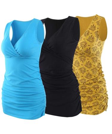MANCI Women's Nursing Maternity Top Cotton V Neck Ruched Waist Maternity Pajama Tops L Black+yellow+bright Blue