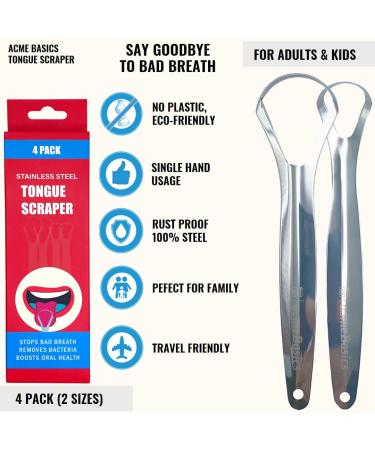 Buy Tongue Scrapers 4 Pack - Stainless Steel Reusable Tongue Cleaners for Bad Breath & Oral Care | Adults & Kids - Buy Online on GoSupps.com