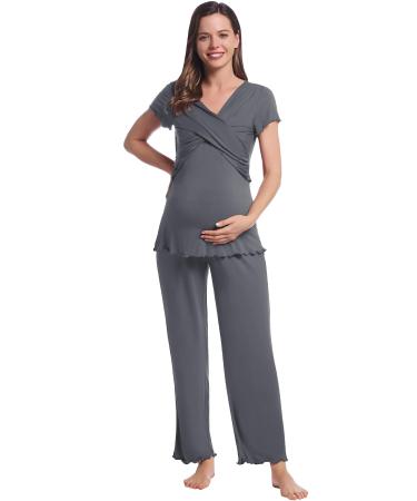 Women Maternity Pyjama Set Short Sleeve Tops & Long Pants Summer Cool Moisture Wicking Pregnancy Labor Nursing Breastfeeding Postpartum Sleepwear XXL Dark Grey