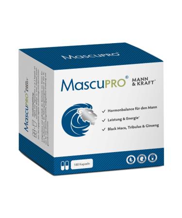 MascuPro Mann & Kraft - advantage box 20: 1 Black Maca Tribulus Terrestris Bockshorn clover cordyceps zinc & amino acids |180 capsules for energy performance & hormone balance