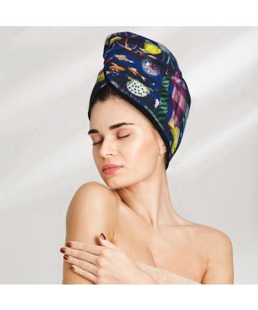 Hair Towel Wrap - Quick Drying Towel Turban with Button | Sea Inhabitants & Herb Design - Buy Online on GoSupps.com