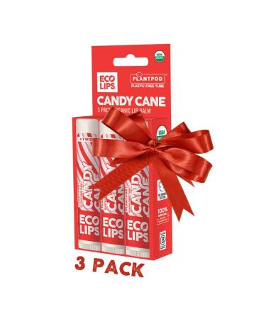 Eco Lips Organic Candy Cane Moisturizing Lip Balm - Organic Coconut Oil and Sunflower Wax - Soothe Moisturize Dry Cracked and Chapped Lips - 100% Plastic-Free Plant Pod Packaging - Made in USA