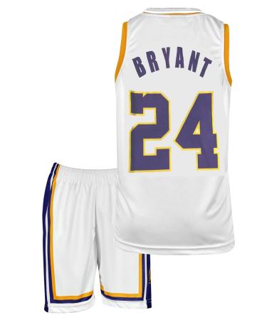 Amdrabola Lakers Kobe Bryant Basketball Kids Jersey Kit Black Yellow Come with Shorts Basketball Fans (4-13 Years) White 152