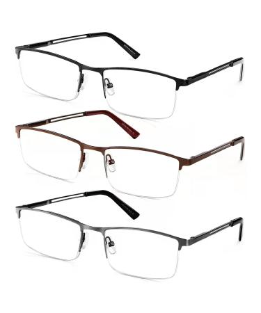 OENEYE 3 Pack Blue Light Blocking Reading Glasses for Men Stylish Metal Frame Readers with Comfort Spring Hinges Multicolor 1.75 x