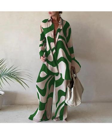 Angxiwan Women's Casual Button Down Shirt and Wide Leg Pants Set - Green, Large | Streetwear, Beachwear, Homewear - Buy Online on GoSupps.com