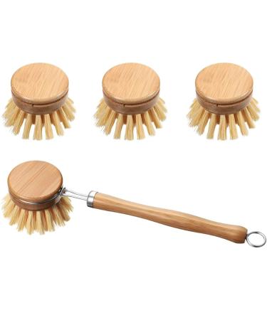 Kitchen Dish Washing Brush Include Natural Bamboo Scrub Cleaning Brush and 3 Replacement Bamboo Brush Heads Natural Dish Brush for Kitchen Room Cleaning Supplies (4 pcs)