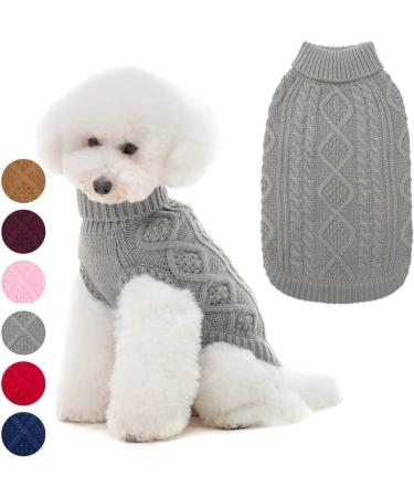 BINGPET Dog Knitted Sweaters - Turtleneck - Classic Cable Knit Dog Jumper Coat Warm Sweartershirts Outfits for Dogs Cats in Autumn Winter Small Grey