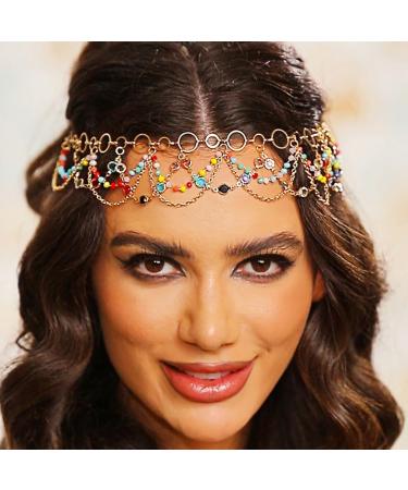 Zoestar Boho Head Chain Gold Crystal Headband Layered Tassel Bridal Headpiece Beads Festival Hair Accessories for Women and Girls - Buy Online on GoSupps.com