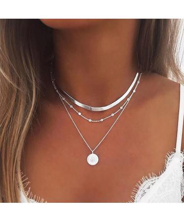 Woent Layered Lotus Pendant Necklaces Silver Bead Choker Necklace Chain Adjustable Jewelry for Women and Girls