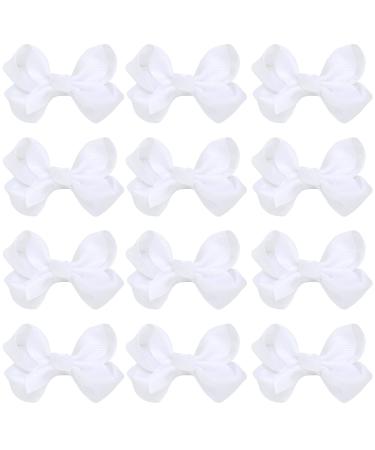 12 PCS 3 Hair Bow Clips Grosgrain Ribbon Solid Color Hair Bow With Alligator Clips Hair Accessories for Teen Toddler Little Girls (White)
