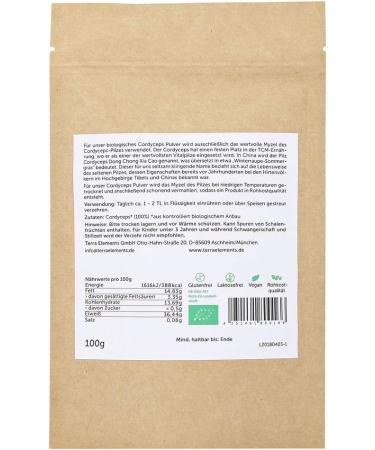 Terra Elements Cordyceps Organic Powder 100g I 100% Pure I Vegan I Raw Quality - Buy Online on GoSupps.com