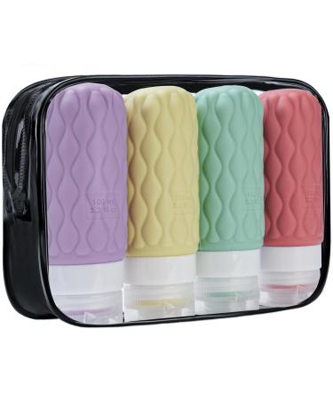 4 Pack Travel Bottles for Toiletries with Labels 100ML Silicone Travel Bottles Set with Clear Zipper Toiletry Bag Leakproof Refillable Squeeze Travel Size Containers for Shampoo Conditioner Pink/Green/Yellow/Purple