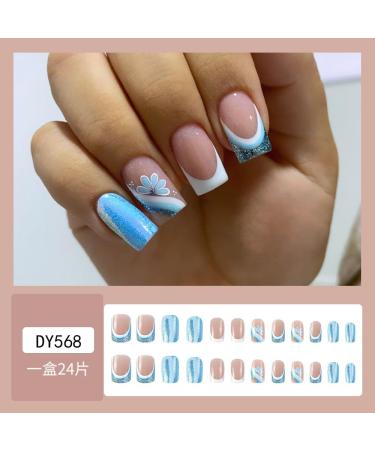 French Tip Press on Nails - Short Square Press On Nails with Nail Tips White edged Sparkling Blue and Light Blue Flowers press on nails Acrylic False Nails Cute Artificial Nails - Buy Online on GoSupps.com