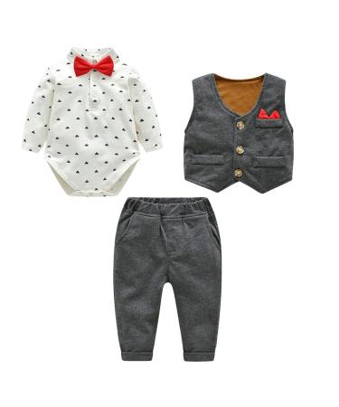 famuka Baby Boy 3 Piece Formal Outfit Suit with Bows Waistcoat Gentleman Tuxedo Grey 9 Months