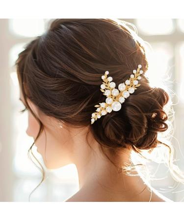Handcess Bridal Wedding Hair Comb Gold Pearls Hairpiece Leaf Bridal Side Combs Wedding Hair Accessories for Women and Girls - Buy Online on GoSupps.com