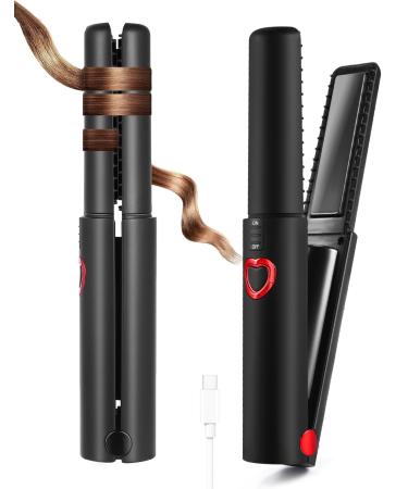 JMFONE Cordless Portable Hair Straightener Mini Cordless Flat Iron and Curler 2 in 1 Portable USB-C Rechargeable 5000mAh Battery Ceramic Plate Quick Heat UP for Thin Fine Hair Travel Size Black