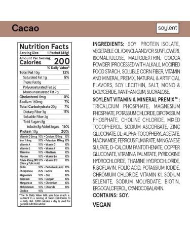 Soylent Vegan Protein Meal Replacement Powder Travel Pack - 10 Ct Cacao 1.59 oz (Pack of 10) - Buy Online on GoSupps.com