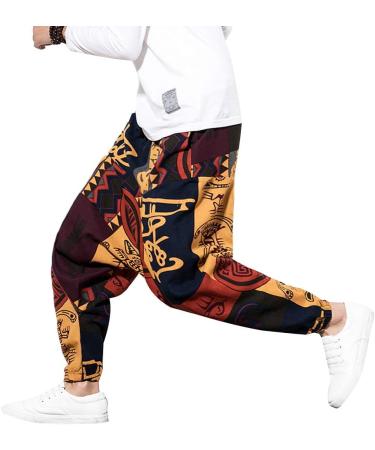 Pejihota Men's Loose Hip-Hop Harem Pants - Linen Bohemian Aladdin Yoga Pants with Pockets | Retro Print & Deep Step Style - Buy Online on GoSupps.com