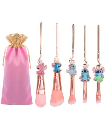 Boyigog 5Pcs Stitch Makeup Brushes with Storage Bag Stitch Theme Cosmetic Brush for Powder Eyeshadow Blushes Lips Portable Makeup Brush Set Lovely Stitch Gift for Girl Women Pink