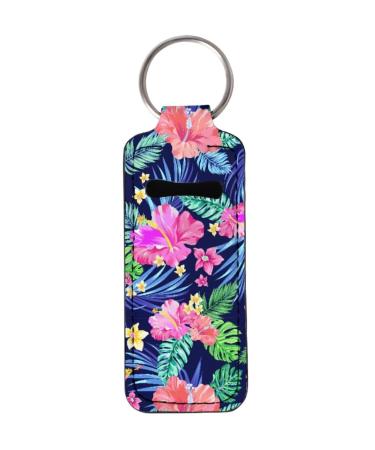 gearider Blue Hibiscus Palm Leaf Print Chapstick Holder Keychain for Women Stylish Waterproof Lip Balm Pouch Fit for Travel