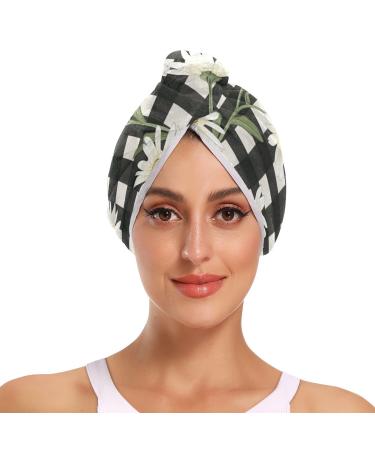 Daisy Flower Black White Plaid Hair Towel 2 Pack Super Absorbent Hair Drying Towel Quick Dry Hair Turbans Head Towel with Button Twisty Wrap for Women Girls