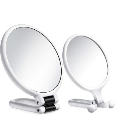 WILLBOND 2 Pieces 15x Magnifying Handheld Mirror and 10x Travel Makeup Mirror, Folding Double Sided Pedestal Mirror Hand Mirror with 1/ 15x 1/ 10x Magnification (White)