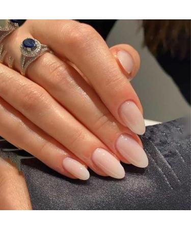 Nude Press on Nails Almond Short Medium Ombre Pink White Fake Nails with Gradient Design Acrylic Glue on Nails False Nails with Glue Manicure Gel Stick on Nail for Wedding Birthday AKT876Q