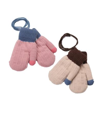 2Pairs Toddler Warm Knitted Mittens with String Winter Thick Thermal Full Finger Gloves Baby Colorful Stretch Magic Glove Fluffy Mitten Hanging Neck Ski Snow Gloves for Boys Girls Ages 0-3 Years Pink + Beige
