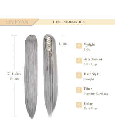 Gairyan Clip in Ponytail Hair Extensions 21 inch Ponytail Extension Long Straight Pony Tails Claw on Ponytail Synthetic Hairpieces for Women Soft Natural Look (Dark Gray) - Buy Online on GoSupps.com